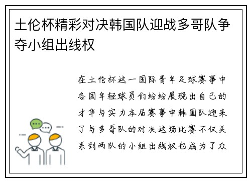 土伦杯精彩对决韩国队迎战多哥队争夺小组出线权